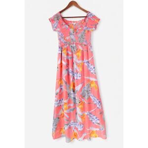 Patrons of Peace Coral Tropical Maxi Dress M Smocked Bodice Boho Beach 100%Rayon